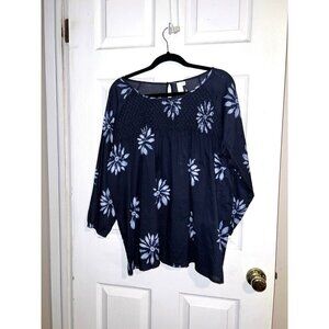 GRAND & GREENE 100% Cotton Navy Blue Long Sleeve Smocked Tunic Top Sz XL